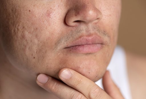 Rosto masculino com cicatrizes de acne na região das bochechas